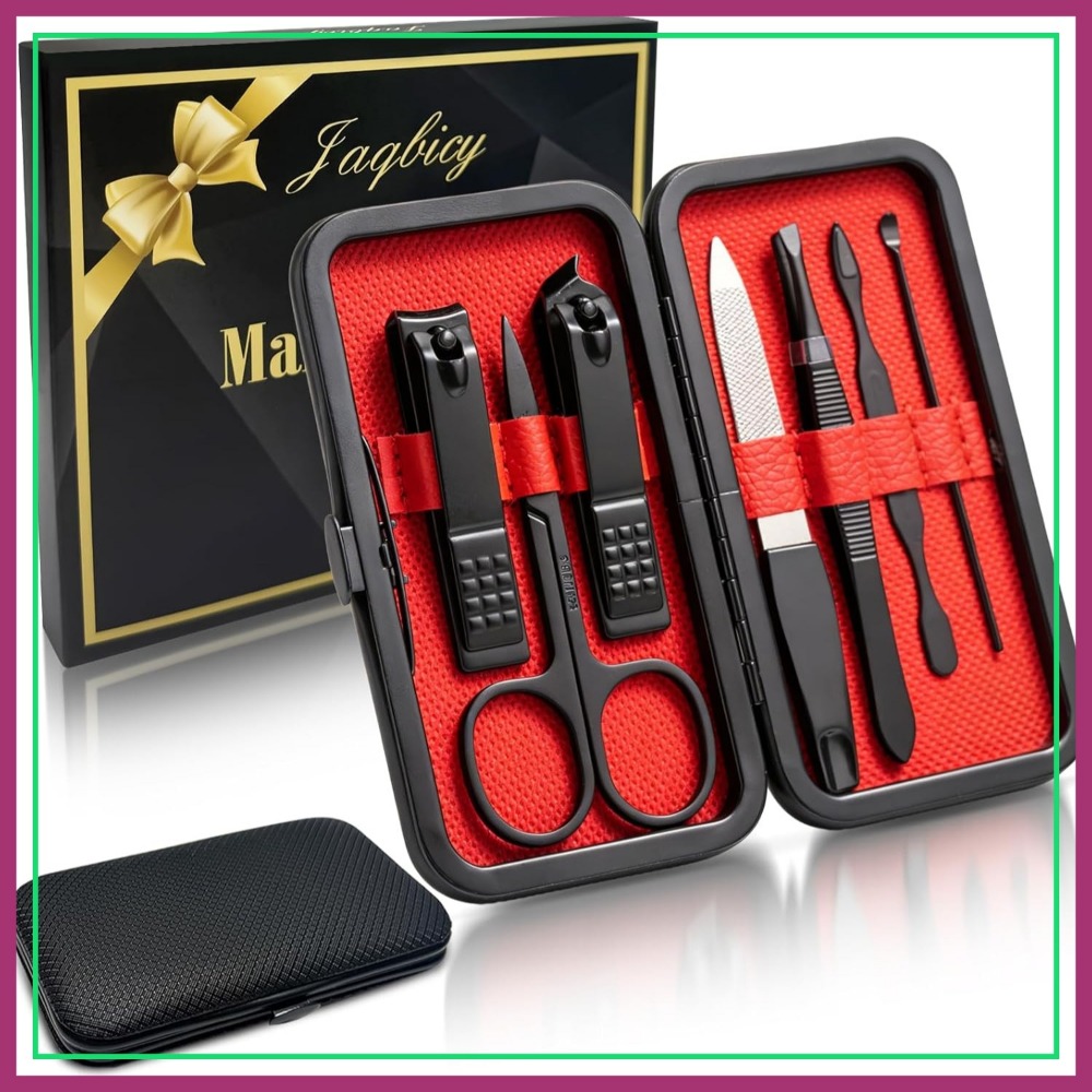 Mens Grooming Kit Case - 7-in-1 Manicure Set, Nail Clippers &