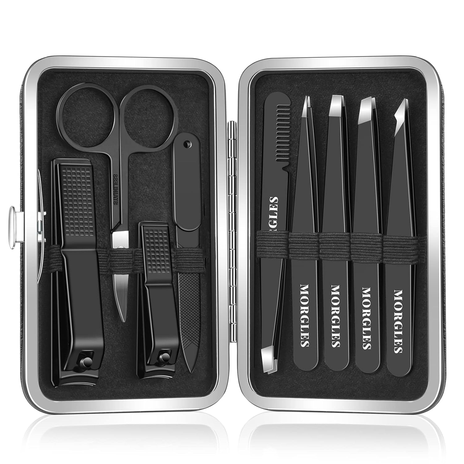 Mens Grooming Kit Case - 9 Pcs Stainless Steel Tweezers Set